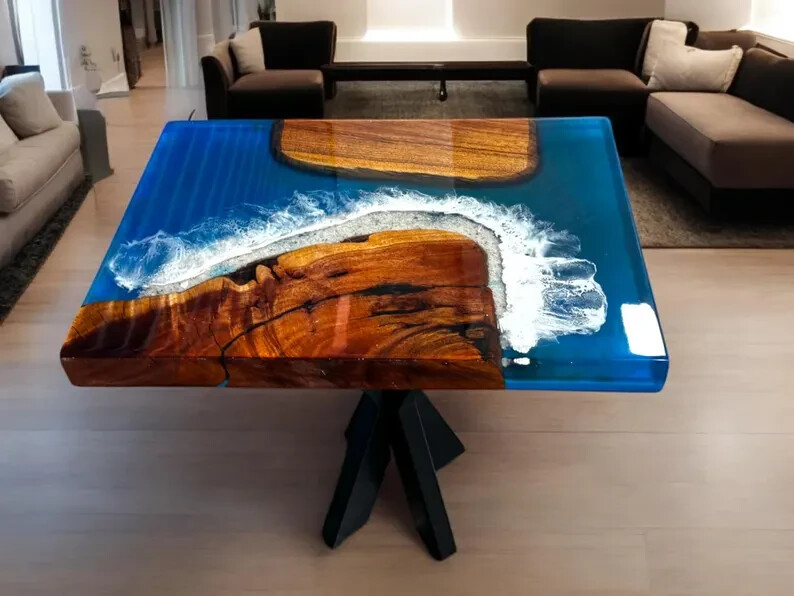 36x24 Blue Epoxy Resin Live Edge Dining Table Handmade Acacia Wood Home Decor-image