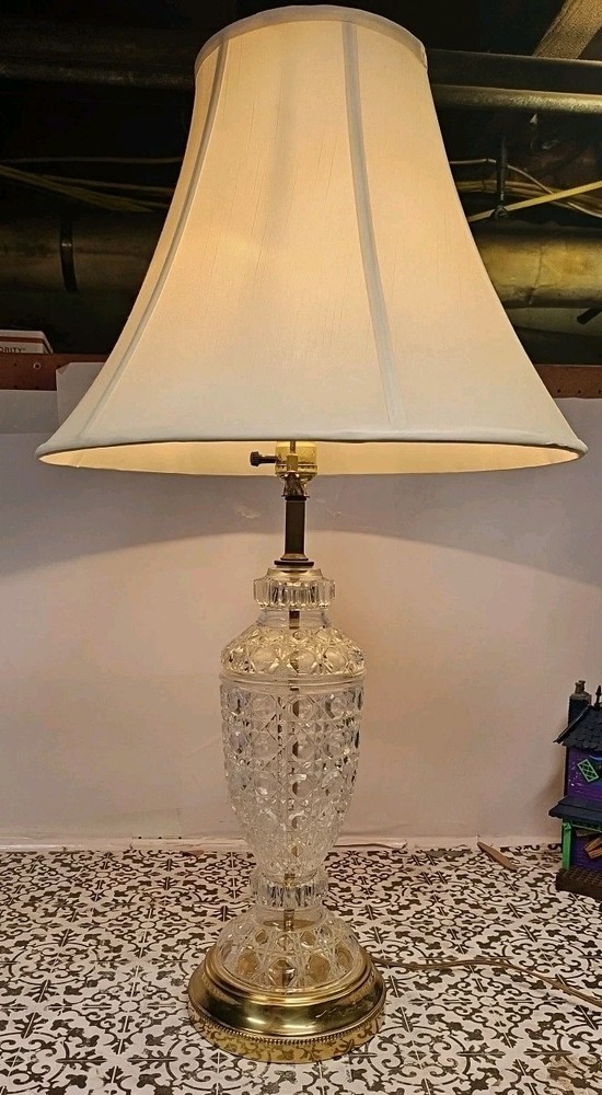 Vintage Frosted Floral cut Leaded crystal Lamp With Lamp Shade