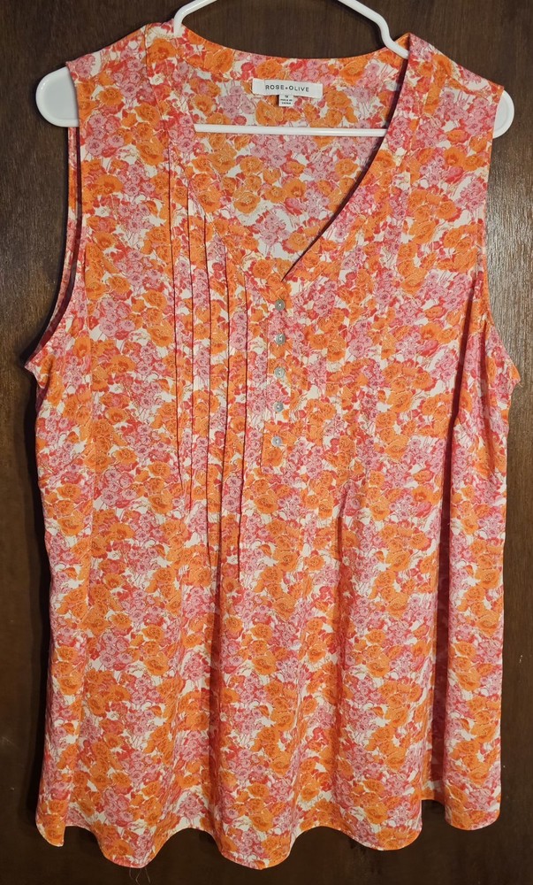 Rose + Olive Women's 1X Sleeveless Blouse Pink Orange Floral Pintuck Button Top