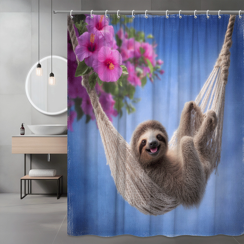 Sloth Hammock Shower Curtain Pink Floral Blue Background