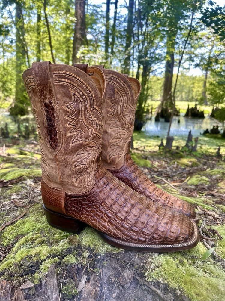 Lucchese Men's Brown Caiman Alligator Square Toe Western Boots Size 12 2E Wide