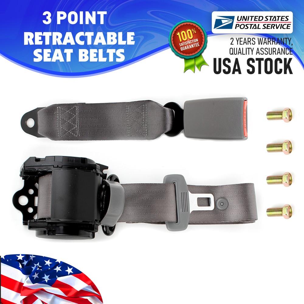 1x Retractable 3 Point Safety Seat Belt Straps Car Vehicle Adjustable Belt Gray