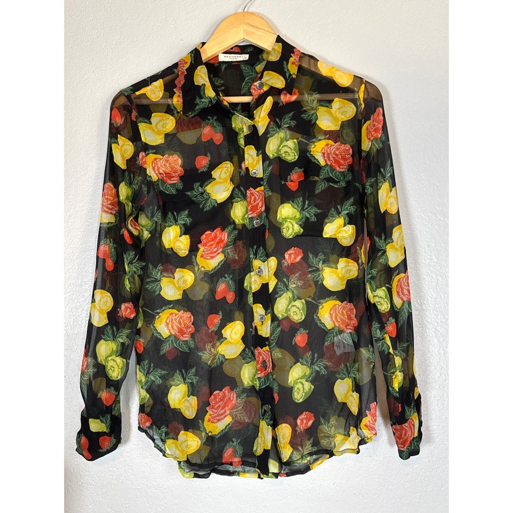 Equipment Femme Sheer Silk Blouse Womens XS Fruit All Over Print Long Sleeve