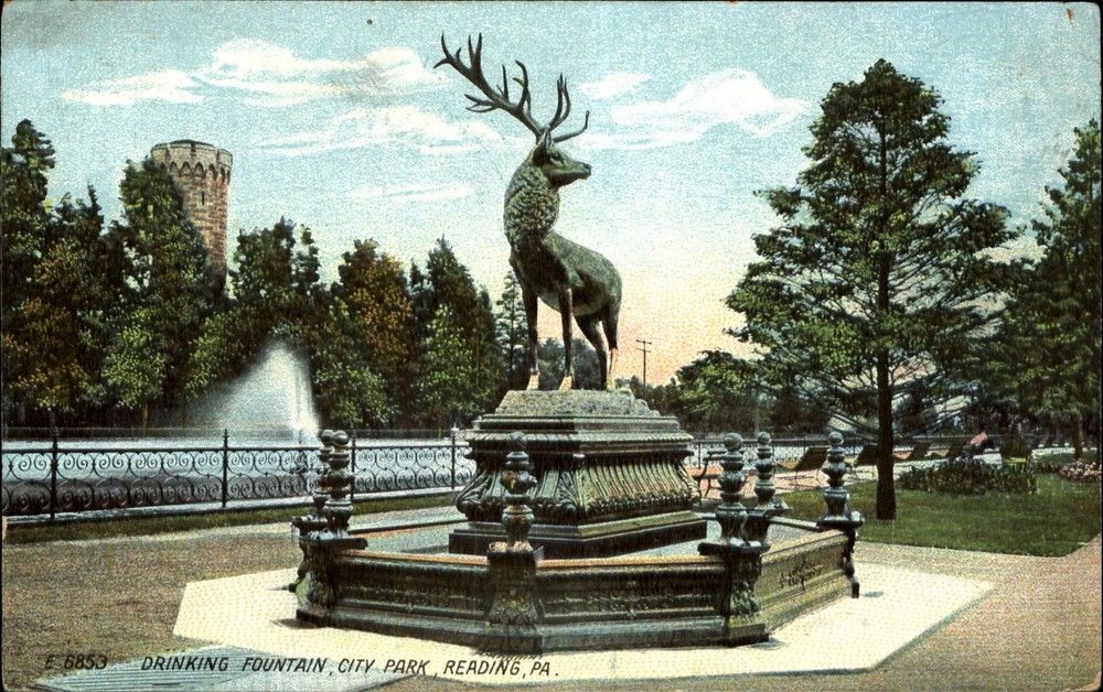 Drinking Fountain ~ Deer Statue ~ City Park  Reading Pennsylvania PA ~ c1910