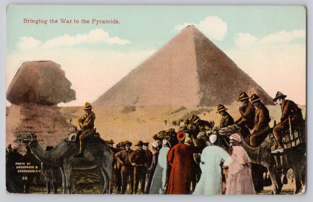 World War II Bringing the War to the Pyramids, Egypt, Camels Military Postcard