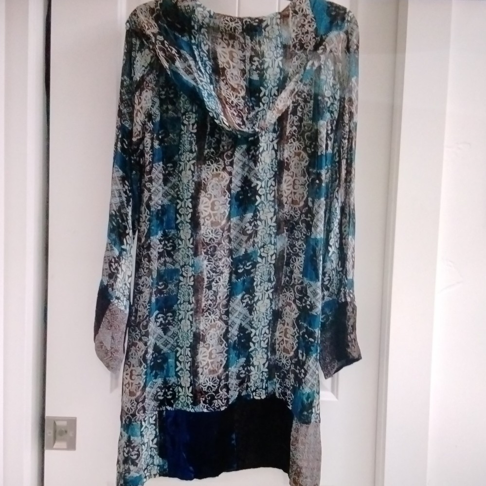 Boho Style Blue Brown Floral Rayon Tie V-Neck Long Sleeve Tunic Blouse S Women