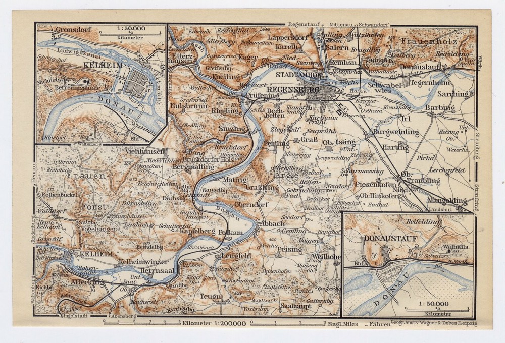 1910 Antique Map Of Vicinity Of Regensburg Kelheim Donaustauf / Bavaria Germany