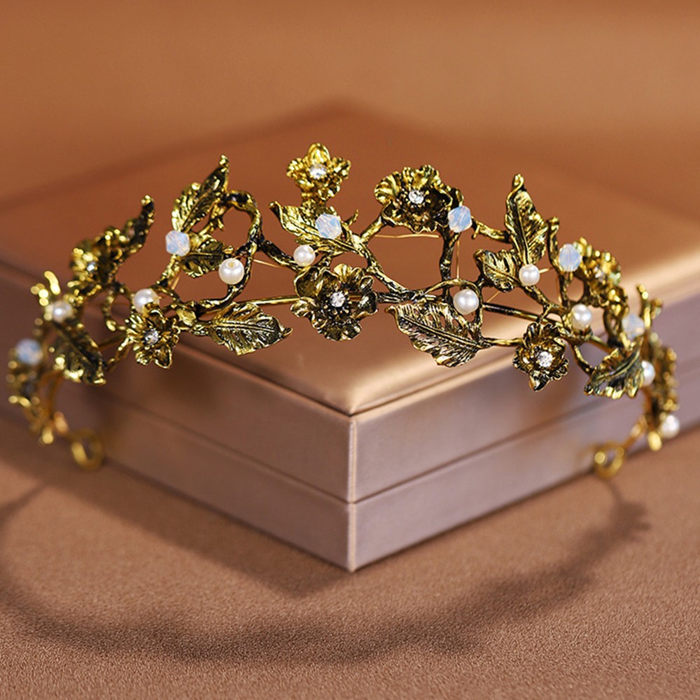 Gold Leaf Baroque Rhinestone Queen Tiara Pearl Headband for Women Bridal Wedding