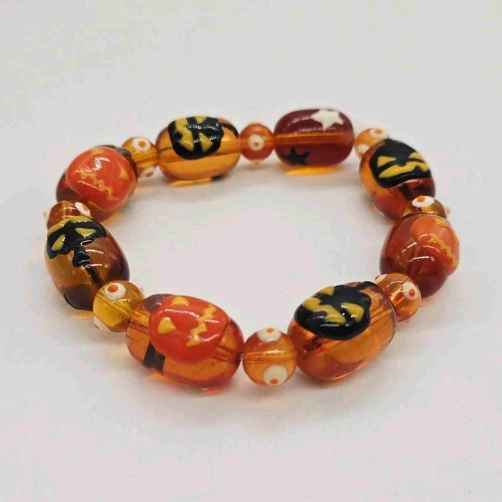 Halloween Stretch Bracelet Glass Beaded Lampwork OSFM Orange Hand Painted