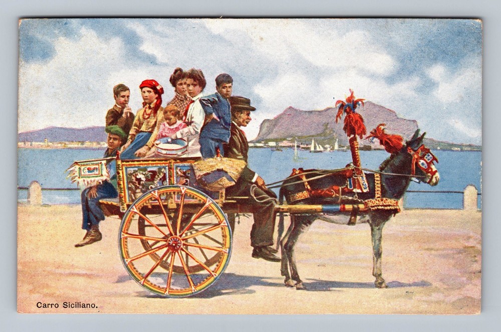 Italy- Palermo Sicily Sicilian Cart & Family Souvenir Old PC Vintage Postcard