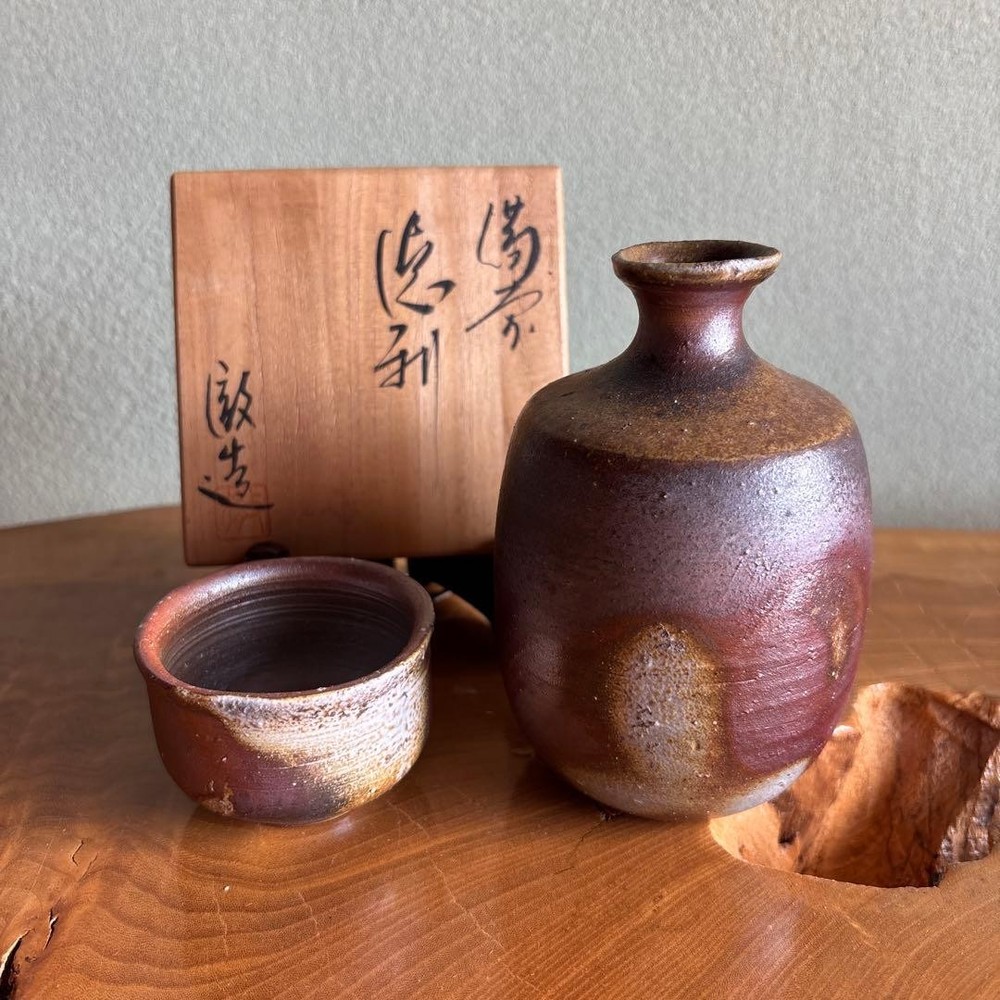 Bizen Ware Sake Bottle & Cup Set, Handmade, Japanese Pottery, Good Condition