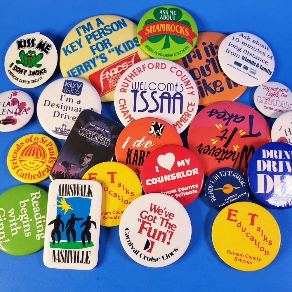 Miscellaneous Pin Back Button Lot of 22 Vintage 1980s/90s