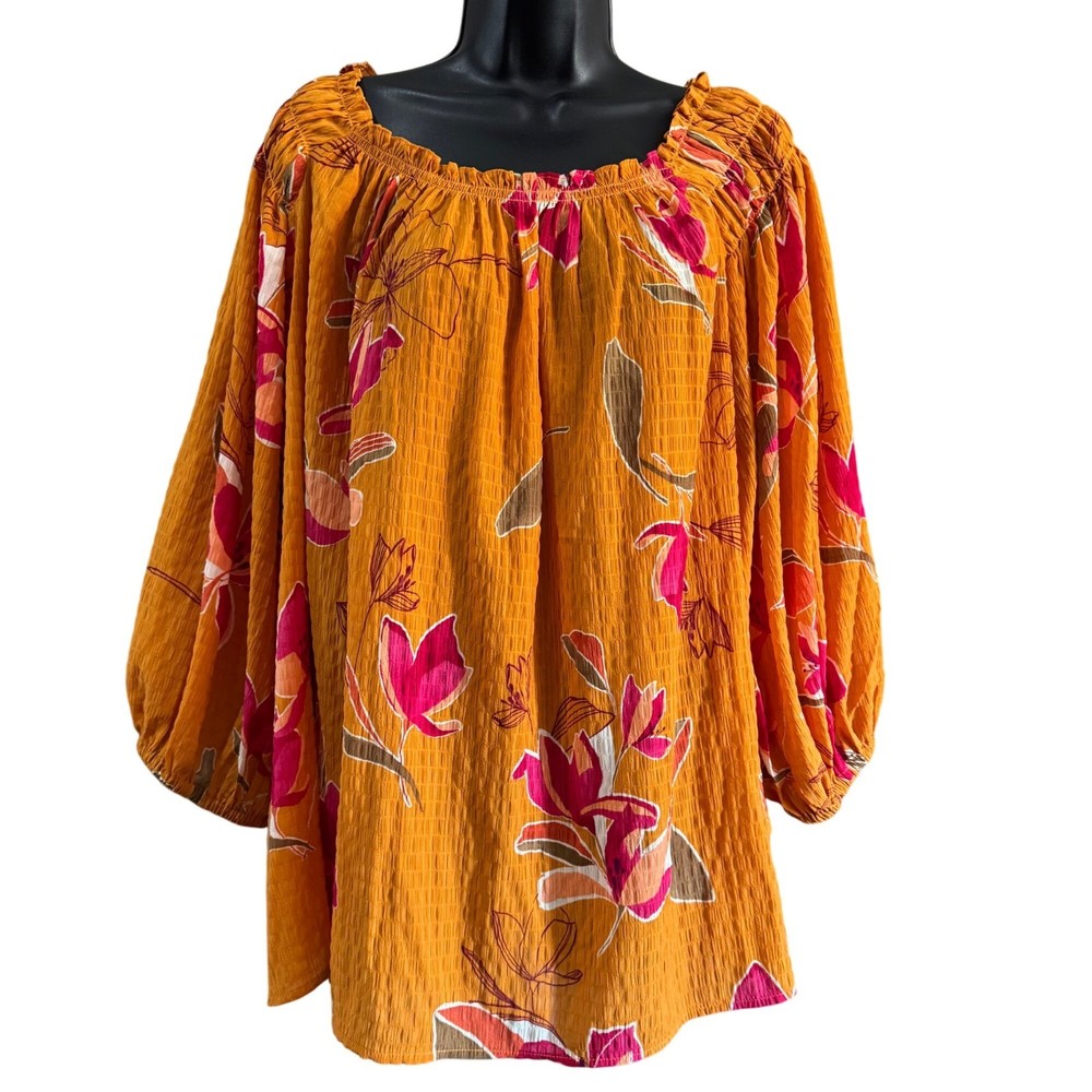 Ava & Viv Womens Floral Smocked Peasant Blouse in Orange & Pink Size 3X