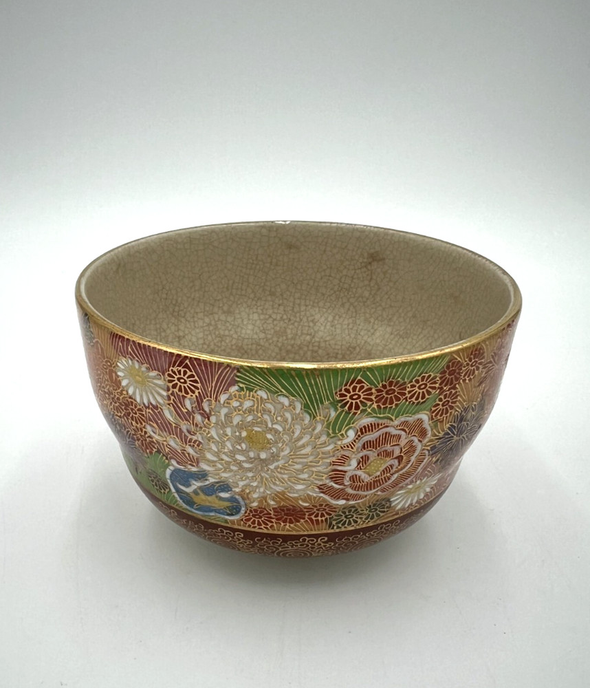 Vintage Japanese Kutani Style Satsuma Moriage Porcelain Tea Bowl Floral Signed