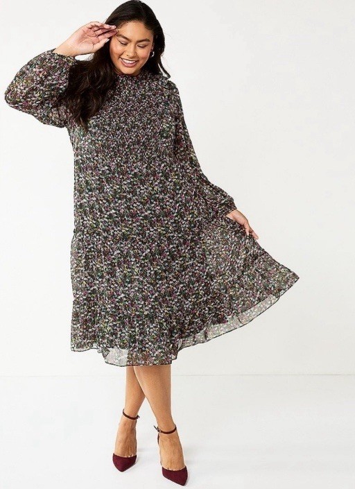 Tiered Midi Floral Dress Womens XL Green Ruffle Smocked Garden Draper James RSVP