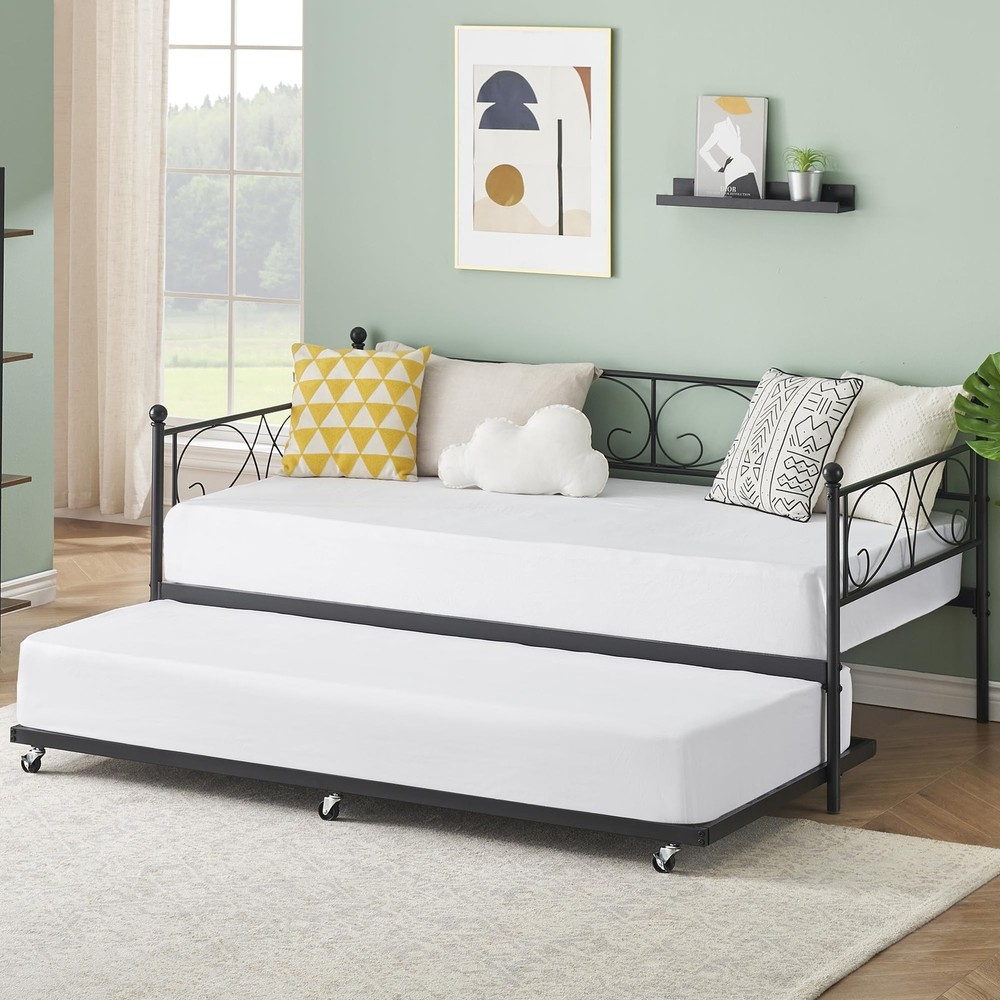Twin Bed With Trundle Frame Set, Heavy Duty Daybed With Roll Out Trundle Bed US