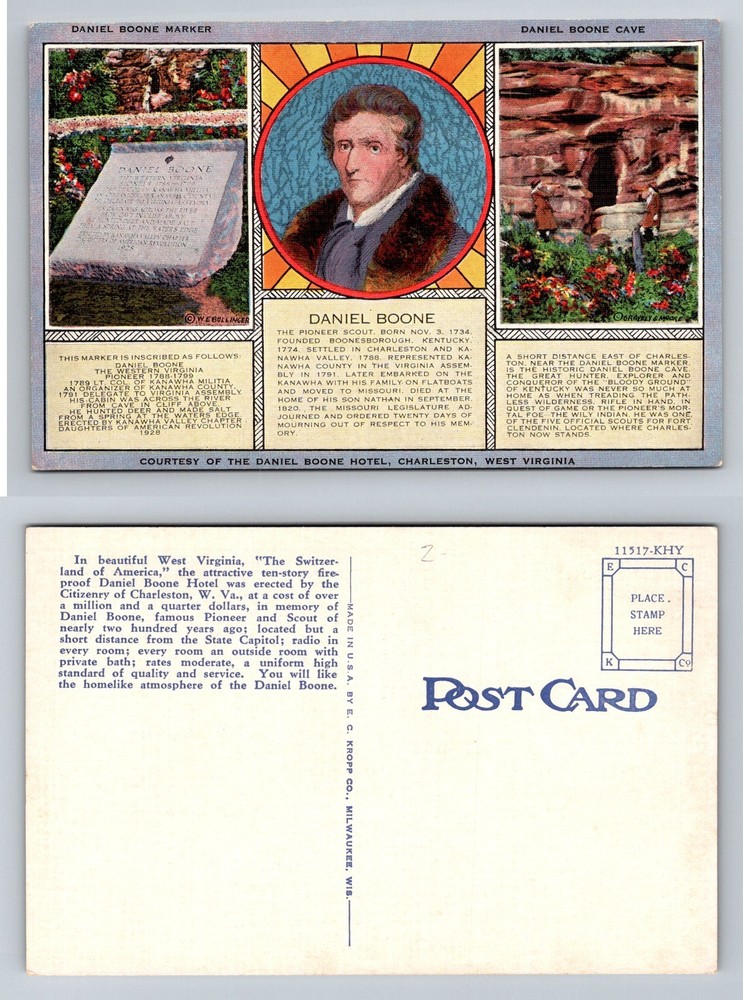 Charleston, WV-West Virginia Daniel Boone Marker and Cave Scene Vintage Postcard
