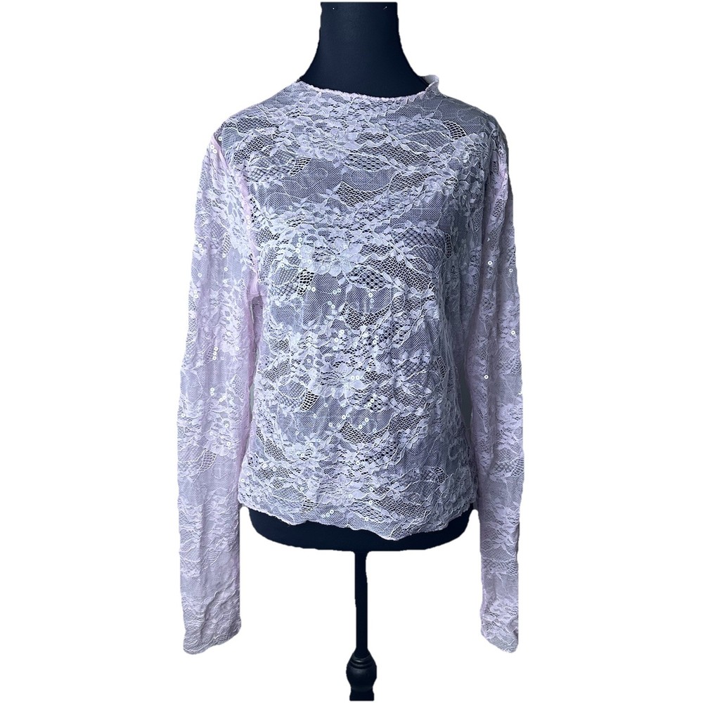 Womens L Y2K Sequin Lace Mesh Sheer Long Sleeve Pink Fairy Festival Party Top