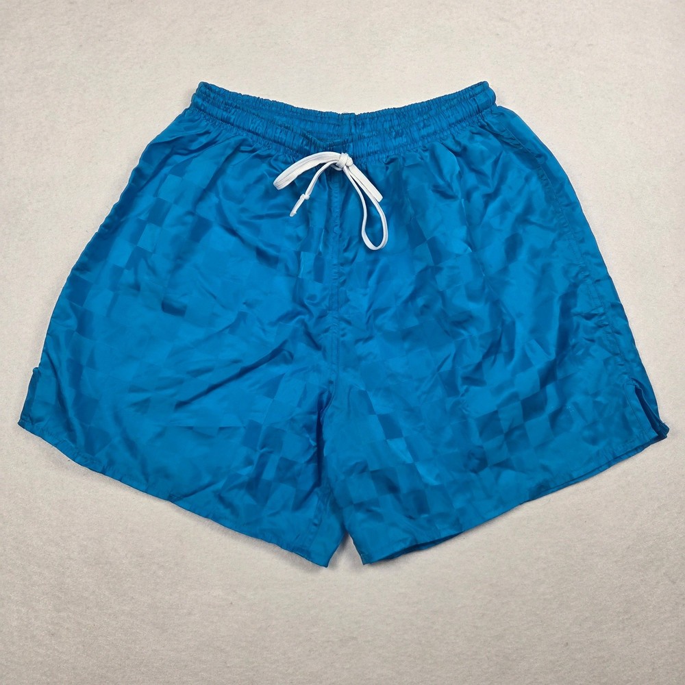 Vtg Umbro Soccer Shorts Mens L Blue Checkered Vintage Made in USA Shiny Nylon