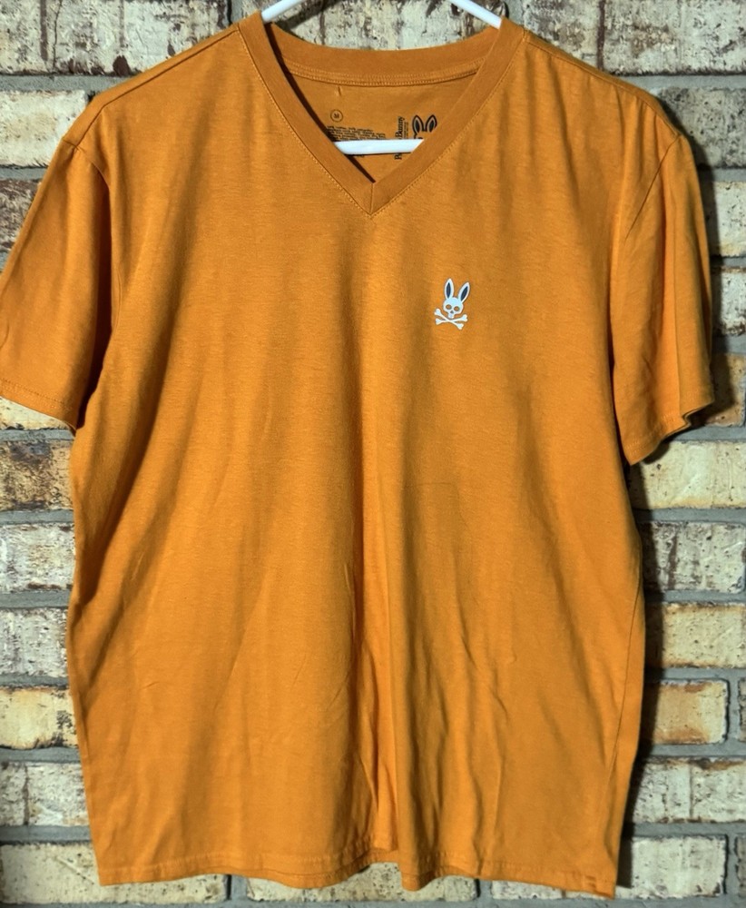 Psycho Bunny Men’s Orange V-Neck T-Shirt Logo Accent Short Sleeve Knit Size M