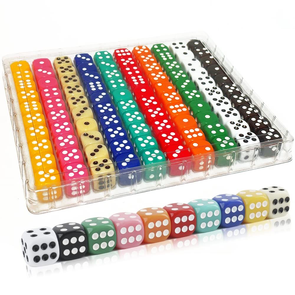 100 Pieces 16MM Dice Set 6 Sided Standard Colored Dices with Portable Plastic Bo