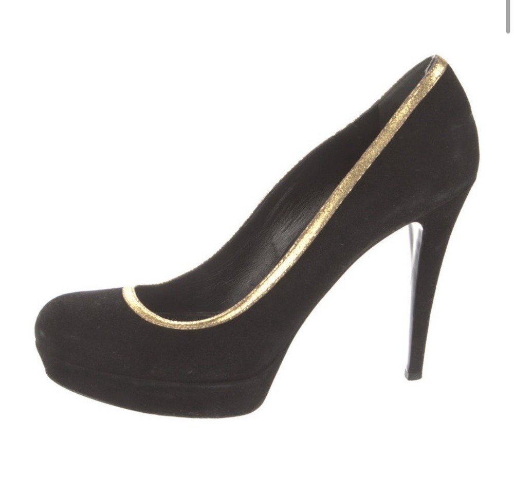 GUCCI Black Suede Gold Trim Platform Pump Heels Size IT 40.5 US 10.5