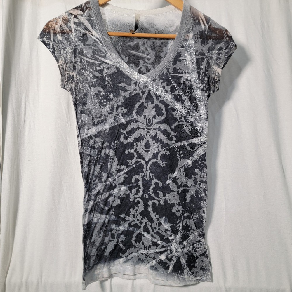 Vintage Y2K America Age Burnout T-Shirt Gray V Neck Sheer Made In USA Filagree