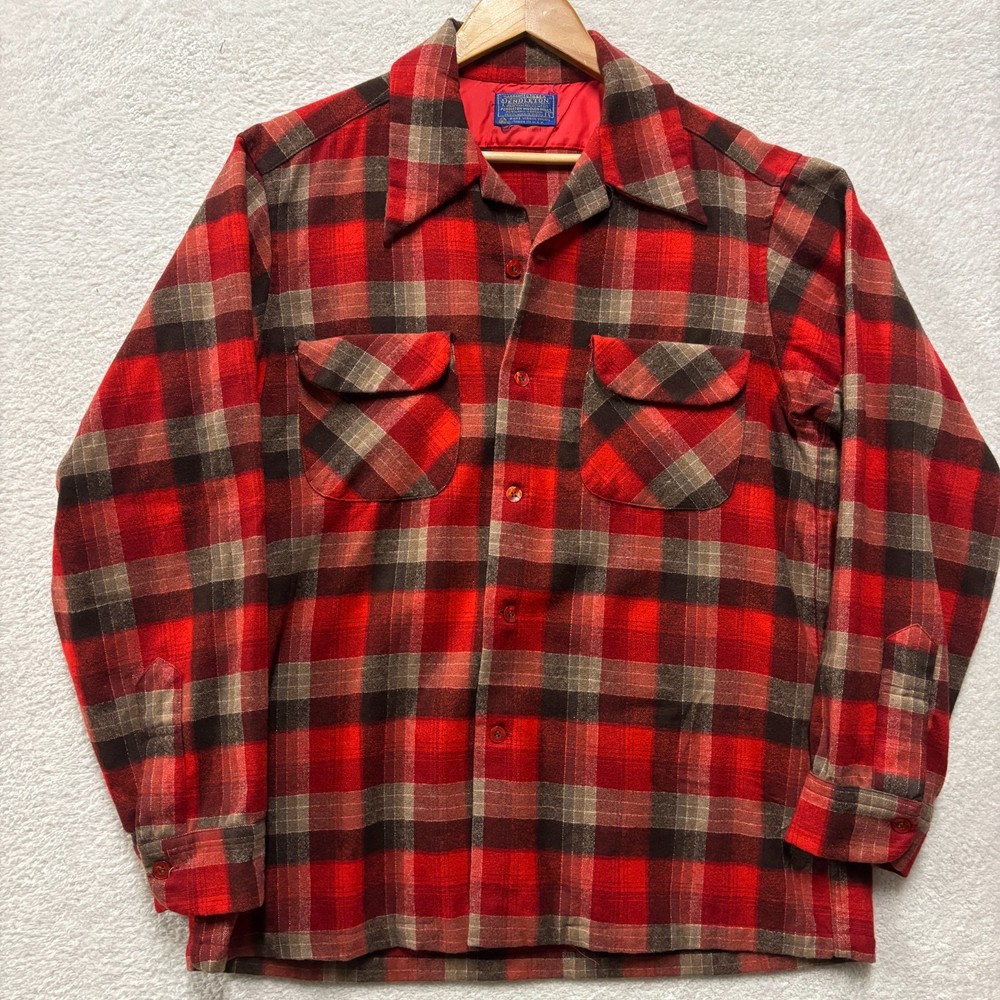 Vintage 70s Pendleton Wool Board Shirt Men L Red Gray Plaid Point Collar USA