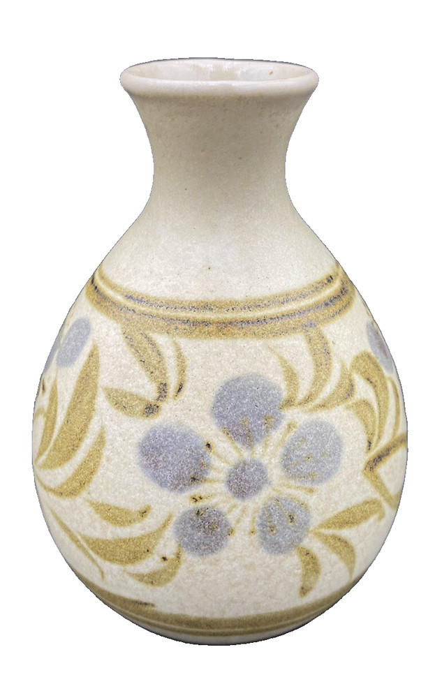 Vintage Otagiri Japan Art pottery Stoneware Bud Vase, Hand-Painted Blue Florals