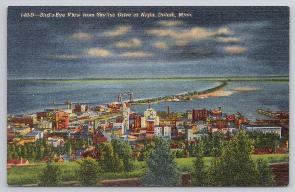 Duluth MN Skyline Drive Night View Aerial Lift Bridge Linen Postcard Curteich