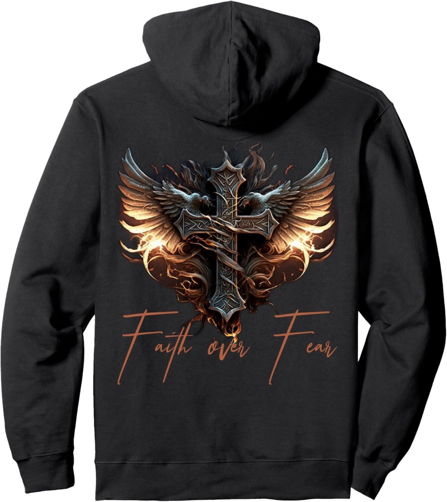 Biker Angel Wings Christian Cross Faith Over Fear - On Back Pullover Hoodie