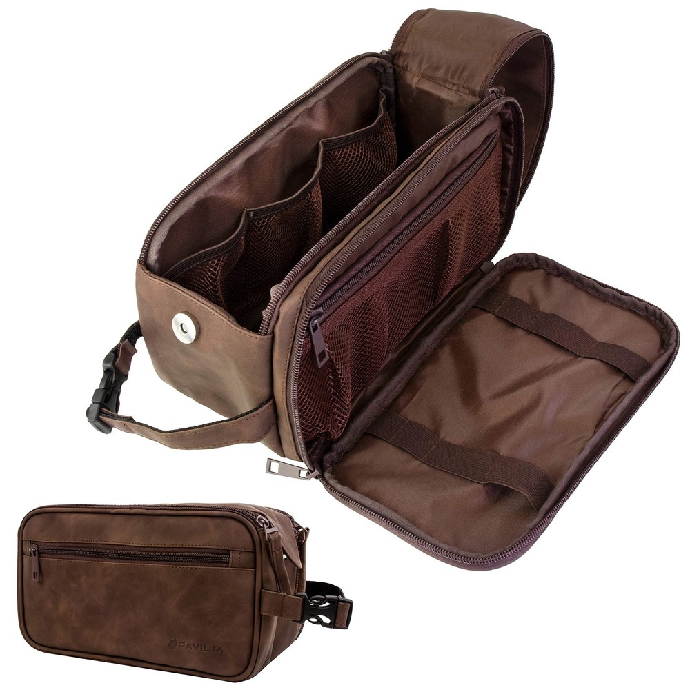 Men's Large Leather Toiletry Travel Bag with Zipper Shaving Dopp Kit Organizer