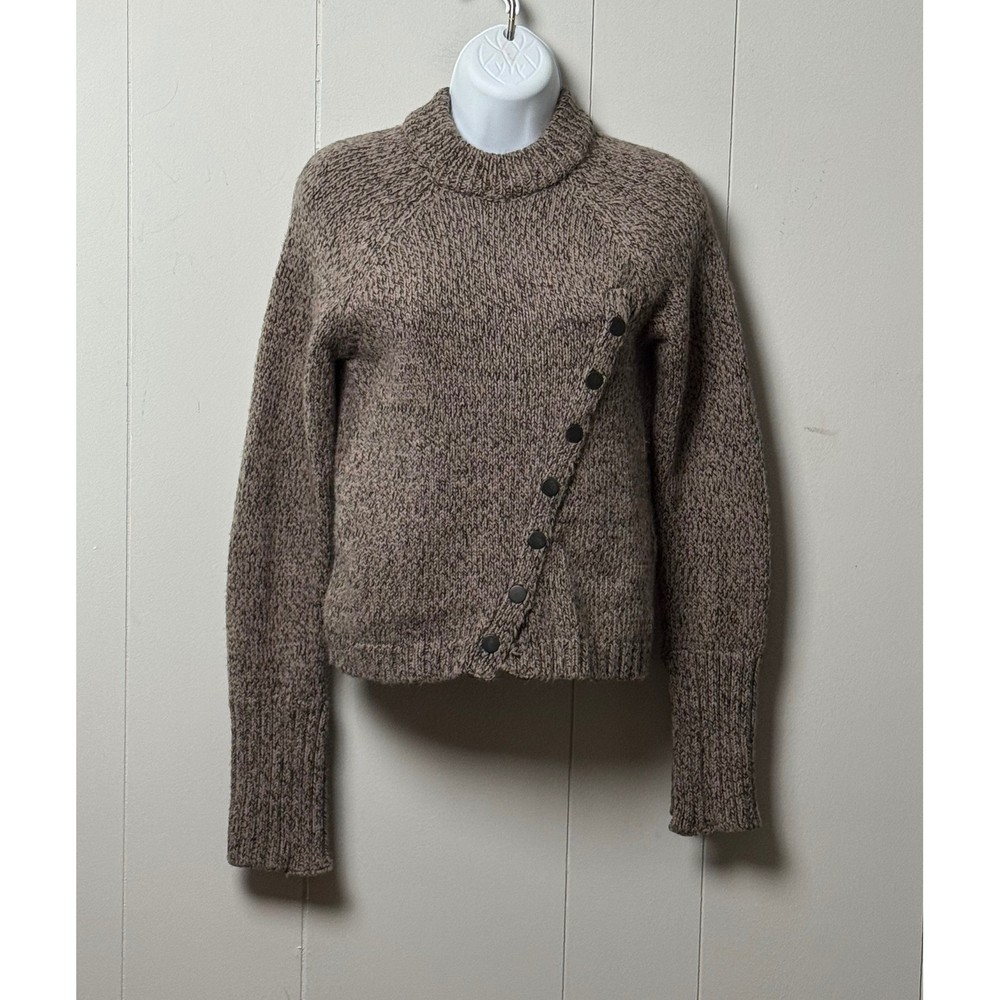 Zara Women's Brown Marled Chunky Knit Mock Neck Diagonal Button Sweater Sz Small