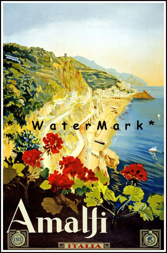 Vintage 1920 Amalfi Coast Italy Retro Travel Poster with Seaside Flowers