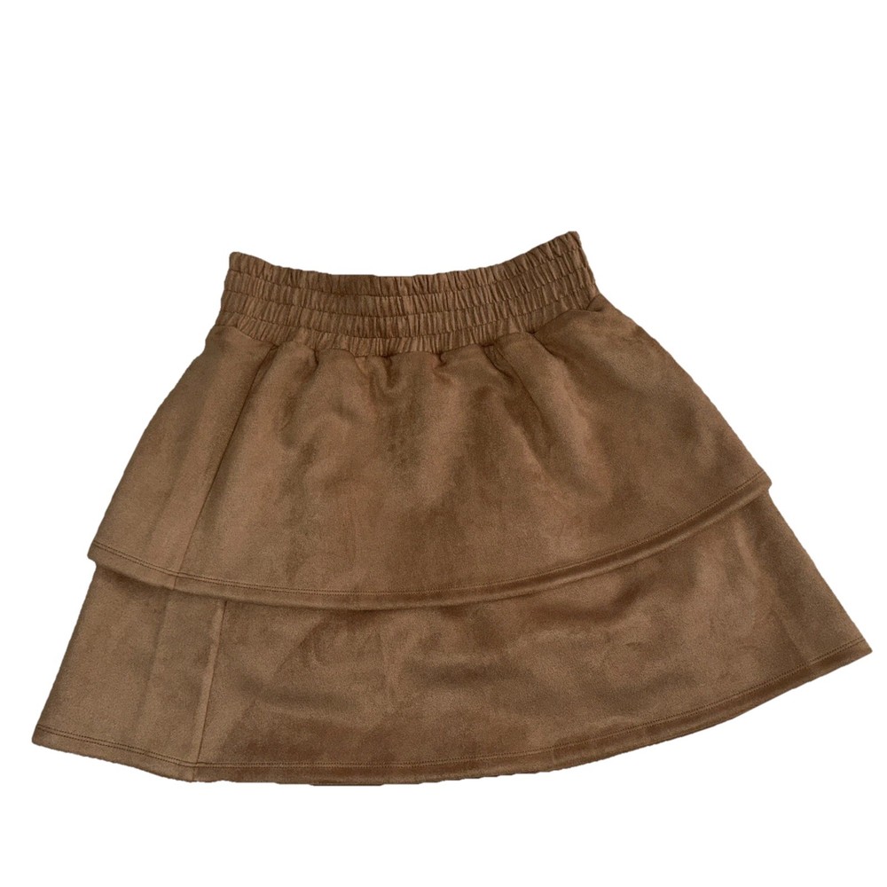 THML Camel Faux Suede Tiered Mini Skirt Size Small Festival Boho Concert #702