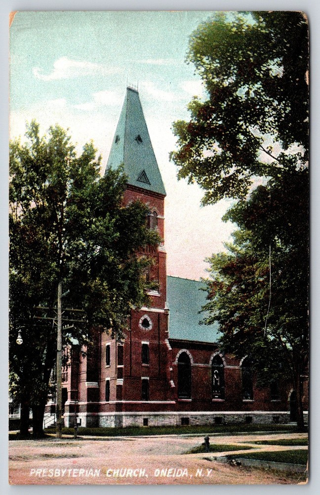 Oneida New York~Presbyterian Church Exterior View~Brick Bldg~Tower~1910 Postcard