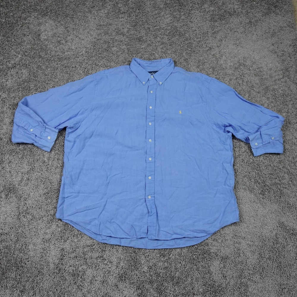 Polo Ralph Lauren Shirt Mens 3XB Big Blue 100% Linen Long Sleeve Button Down