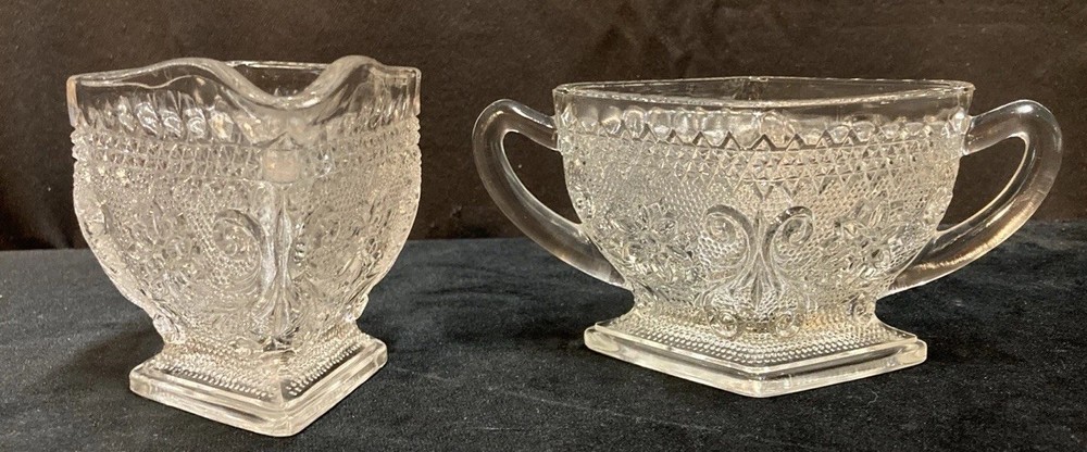 Indiana Glass Creamer Pitcher & Sugar Bowl Sandwich Clear Diamond Shaped