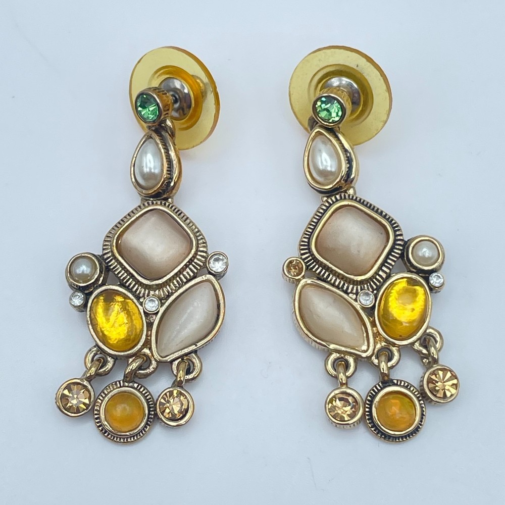 Vintage Y2K Gold Tone Dangle Earrings Rhinestone Glass Statement Women's Jewelry