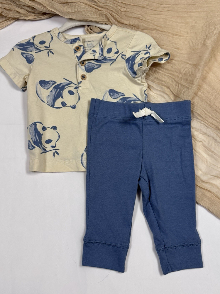 Carter's 3M 2PC T-Shirt & Pants Set Blue Beige Panda Animal Print Knit