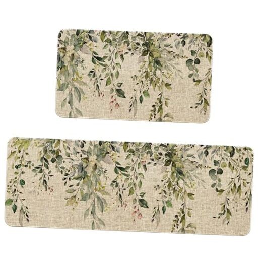 Sage Green Eucalyptus Kitchen Rugs Sets of 2 Non Slip Washable, Sage Leaf