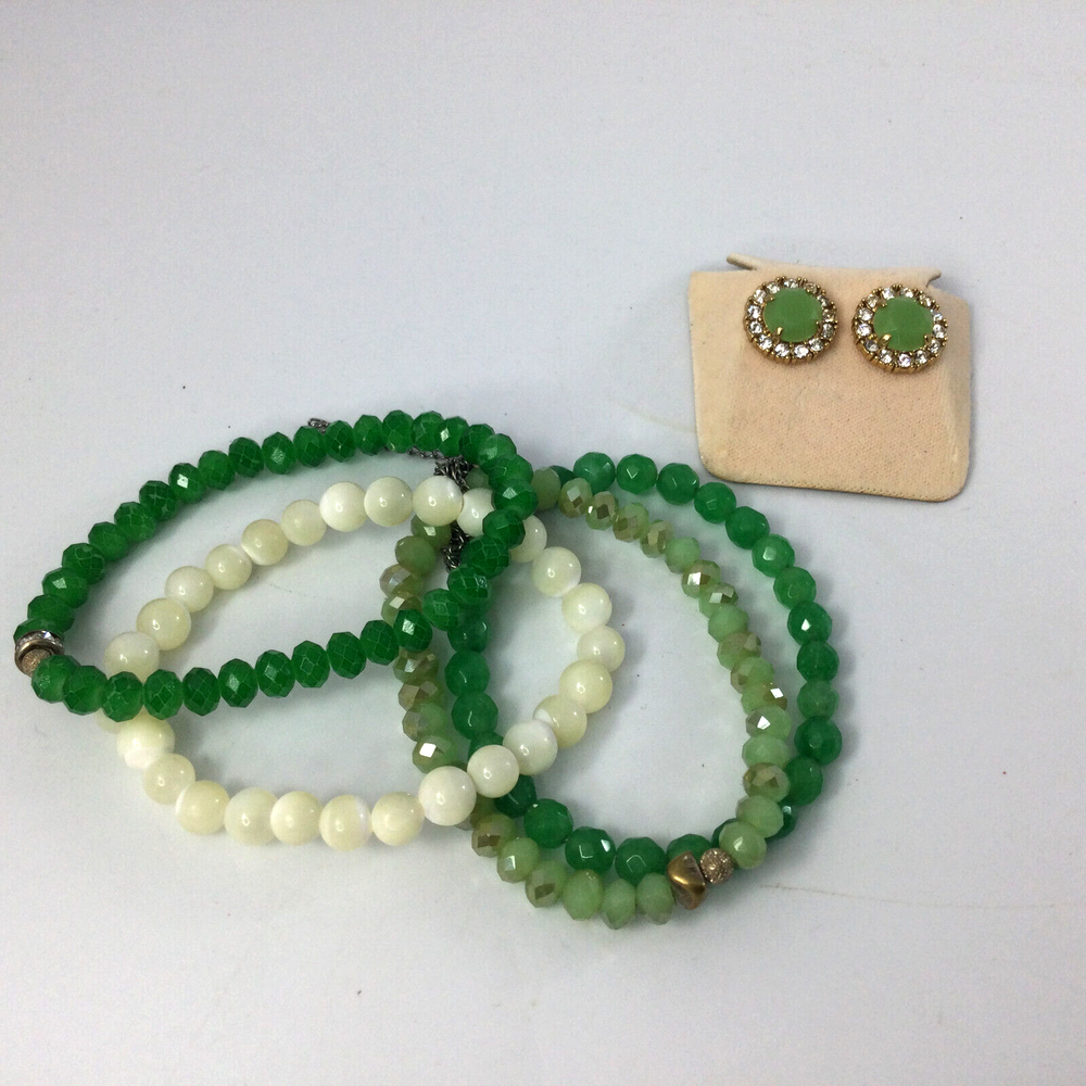 Gemstones 4 Bracelets and Earrings Green White Faceted Beads Gold Silver Tone
