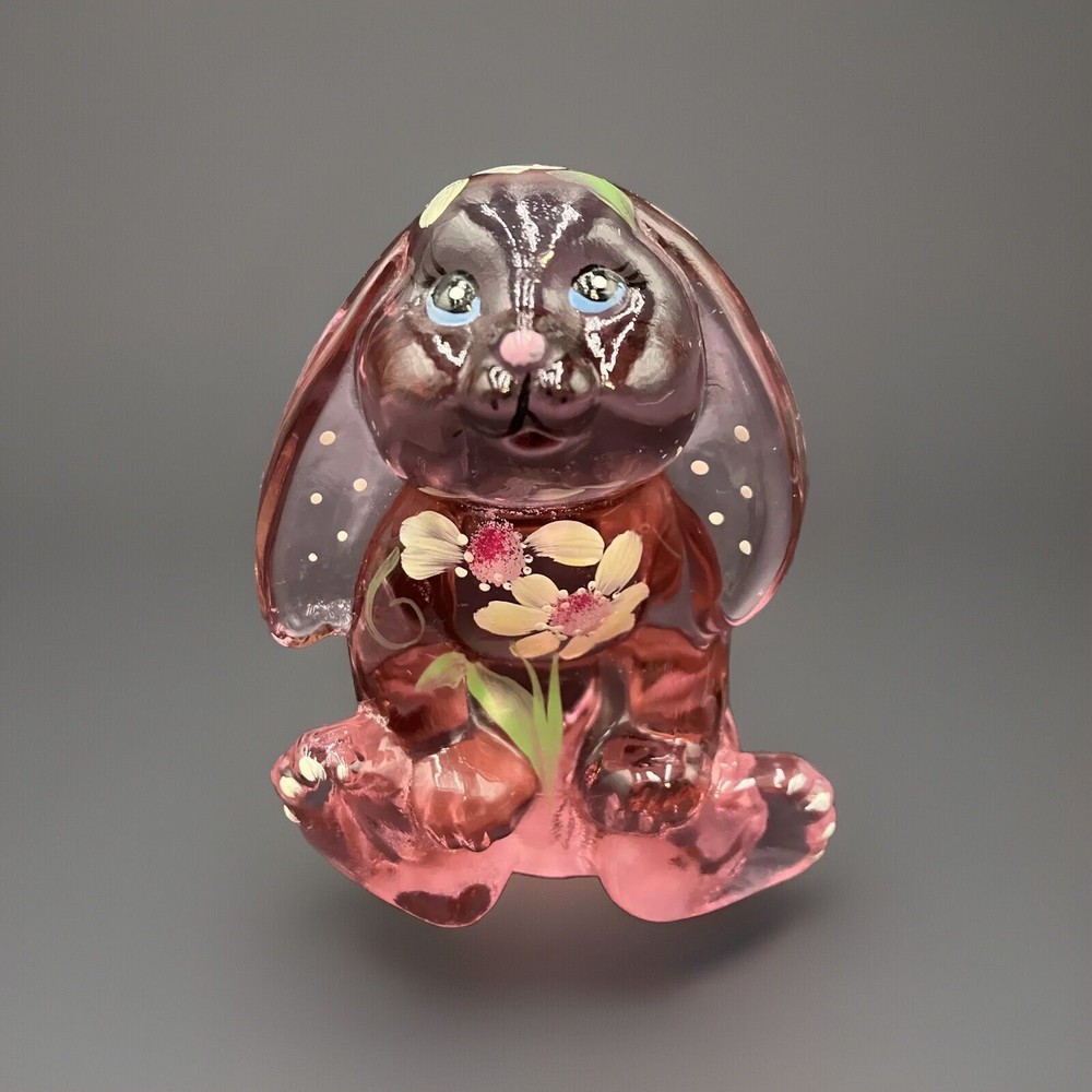Fenton Lop-Eared Bunny Figurine Pink Glass Hand Painted Floral Signed w/ Sticker