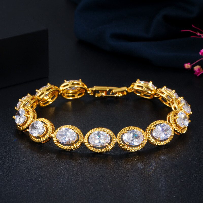 Yellow Gold Plated Oval Cut Cubic Zirconia Wedding Tennis Bracelet Women Jewelry