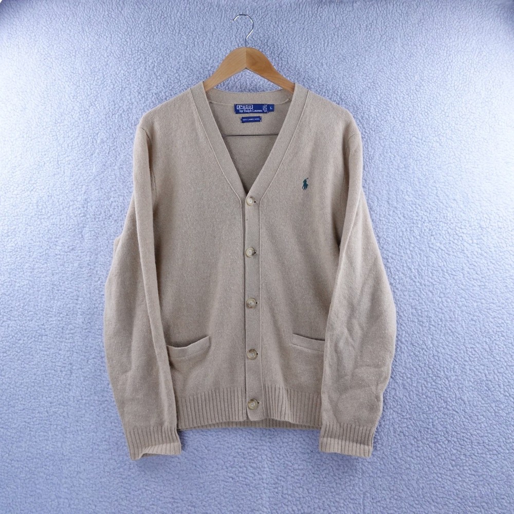 Vintage Polo Ralph Lauren Mens L Cardigan Sweater Tan Lambs Wool Italian Yarn