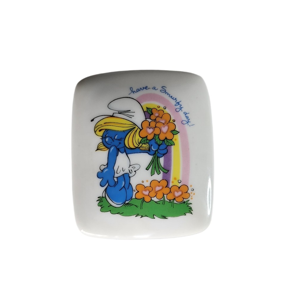 Vintage 1982 Smurfette Ceramic Trinket Dish Wallace Berrie Smurfs Porcelain