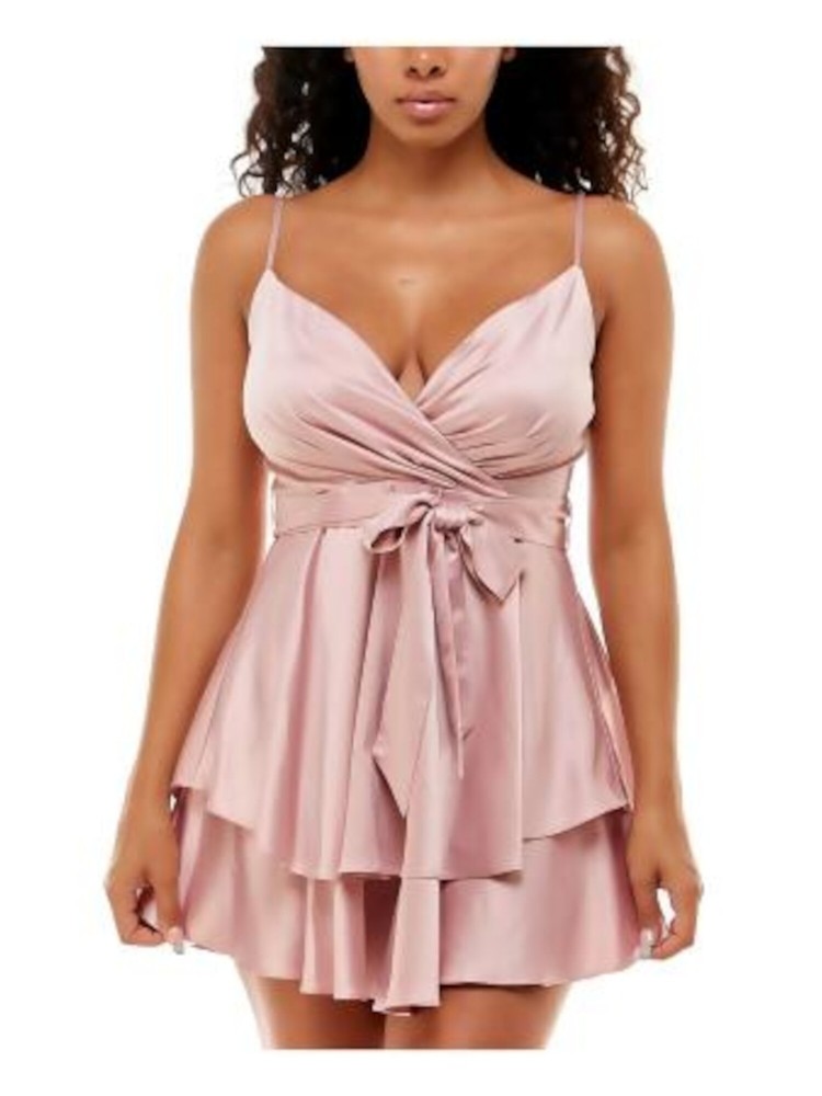 B DARLIN Womens Pink Tie Sash Skirt Spaghetti Strap Mini Dress 5\6