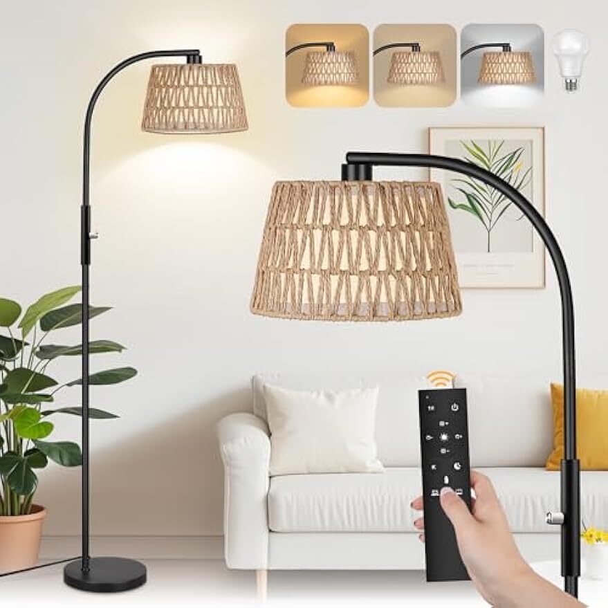 Bohemian Arc Rattan Floor Lamp with 3 Dimmable Color Temperatures