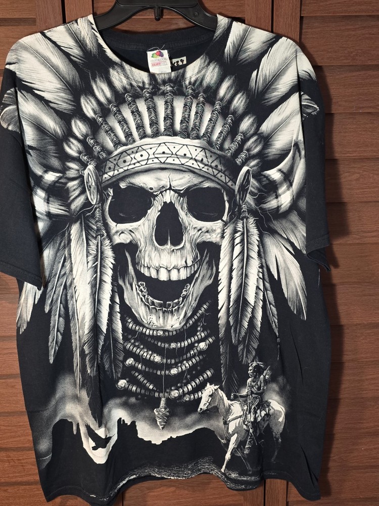 Fruit of the Loom Native American Skull Headdress Graphic T-Shirt Size XL