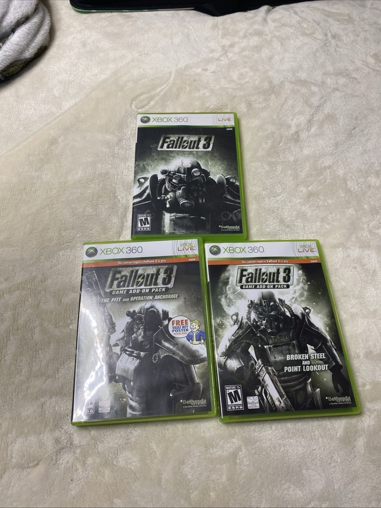 Fallout 3 & Game Add On Pack Bundle (Microsoft Xbox 360, 2008) CIB w Poster